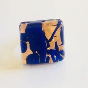 Vetro Di Murano Art Glass Ring Blue Gold Abstract
